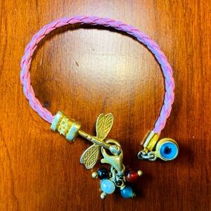 Cute pink cord bracelet with gold plated real silver dragonfly & blue evil eye